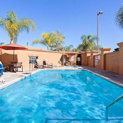 An outdoor swimming pool area with lounge chairs, umbrellas, and palm trees on a sunny day.