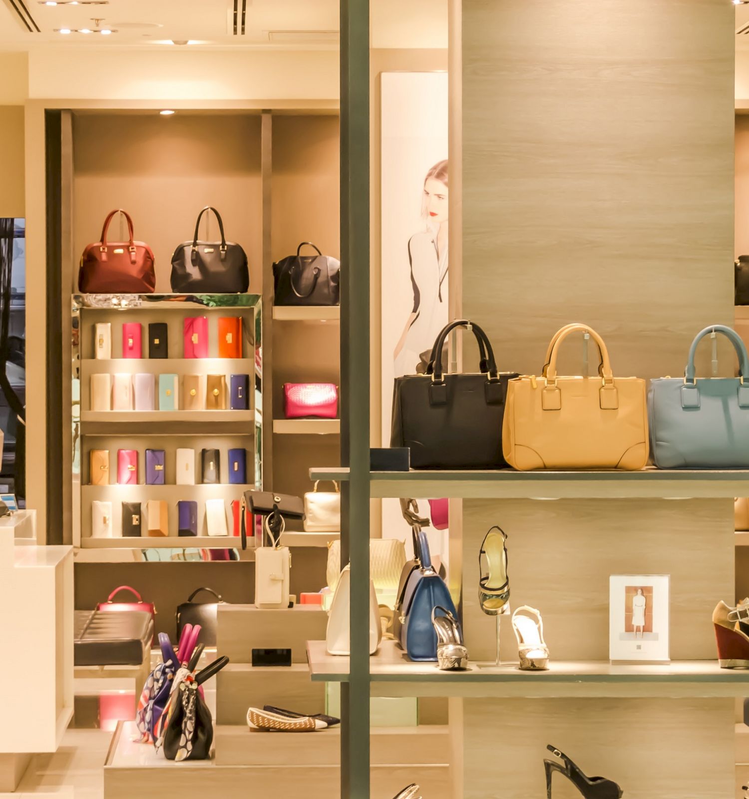 This image shows a store interior showcasing various handbags, shoes, and small accessories displayed on shelves and racks.